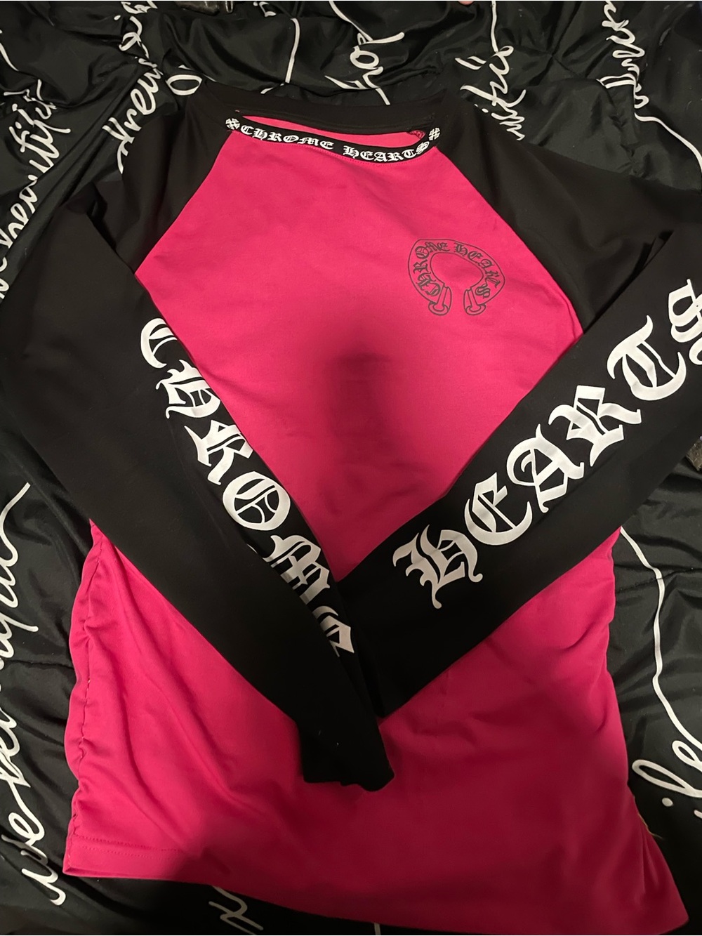 Chrome Hearts Black & Hot Pink Long-Sleeve Raglan Logo Top